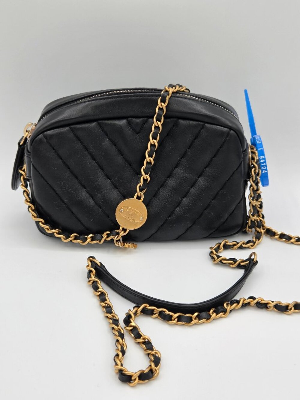 Chanel Chevron Camera Bag – Black Calfskin Leather | Medallion Charm | Authentic